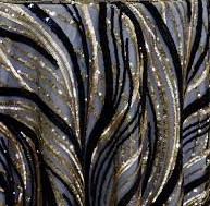 Black and gold sequin abstract print sheer tablecloth.