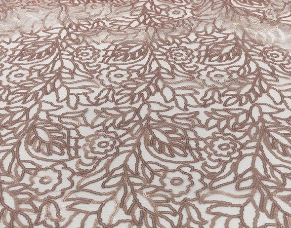 Blush pink rose gold sequin leaf print sheer tablecloth and runner.