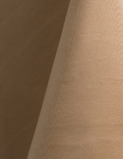 Light brown polyester tablecloth, runner, sash, and dinner napkin.