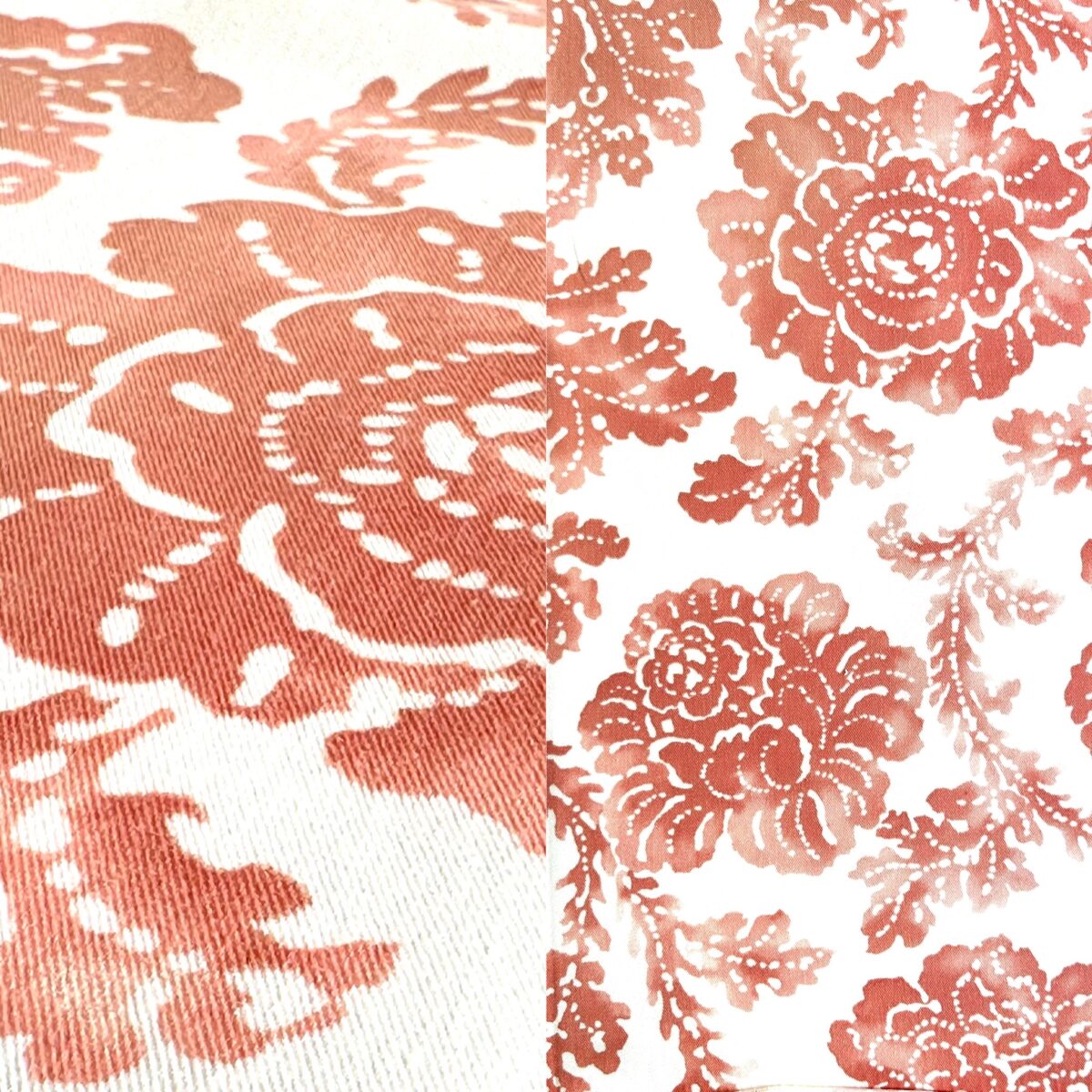 Coral watercolor-style floral print tablecloth.