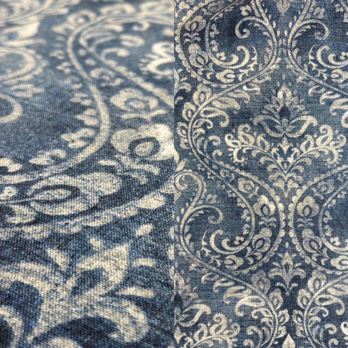 Denim blue and white paisley print tablecloth.