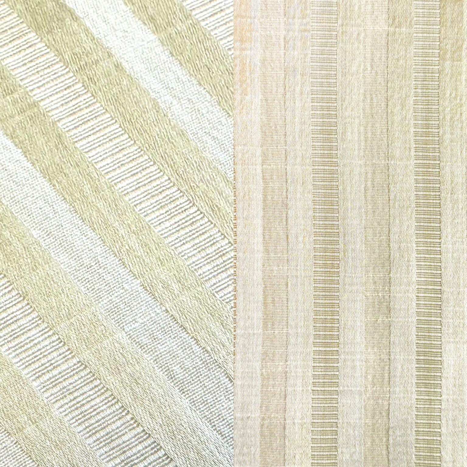 Classic ivory stripe tablecloth, runner, and dinner napkin.