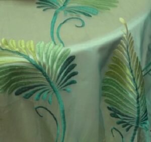 Teal and lime green feather print sheer tablecloth and runner.