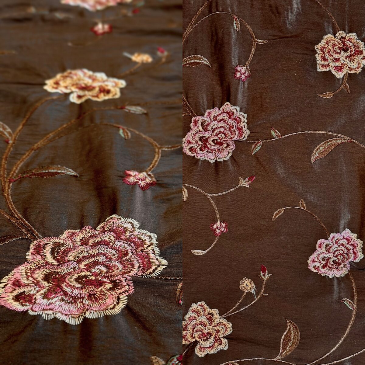 Brown and gold embroidered tablecloth.