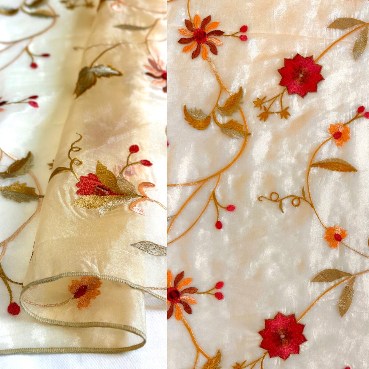 Sheer ivory floral print tablecloth and runner.