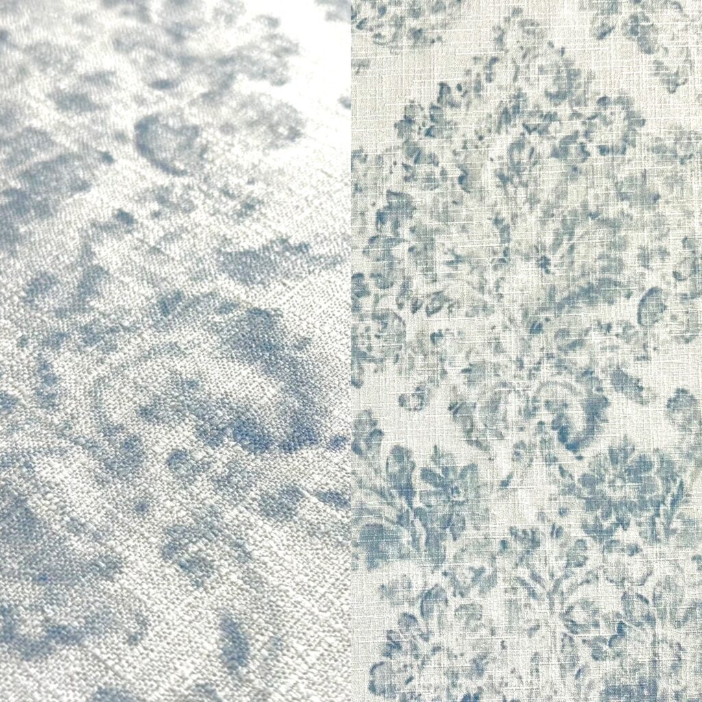 Light blue damask print tablecloth.