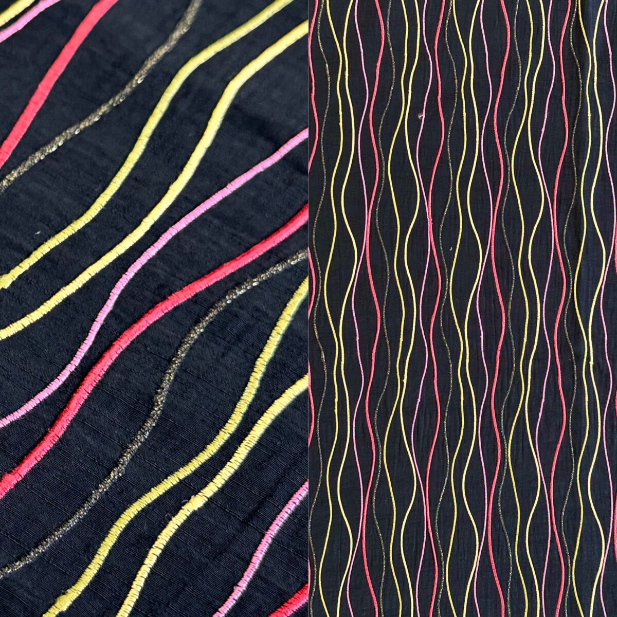 Black, pink, green, and yellow wave pattern tablecloth and runner.