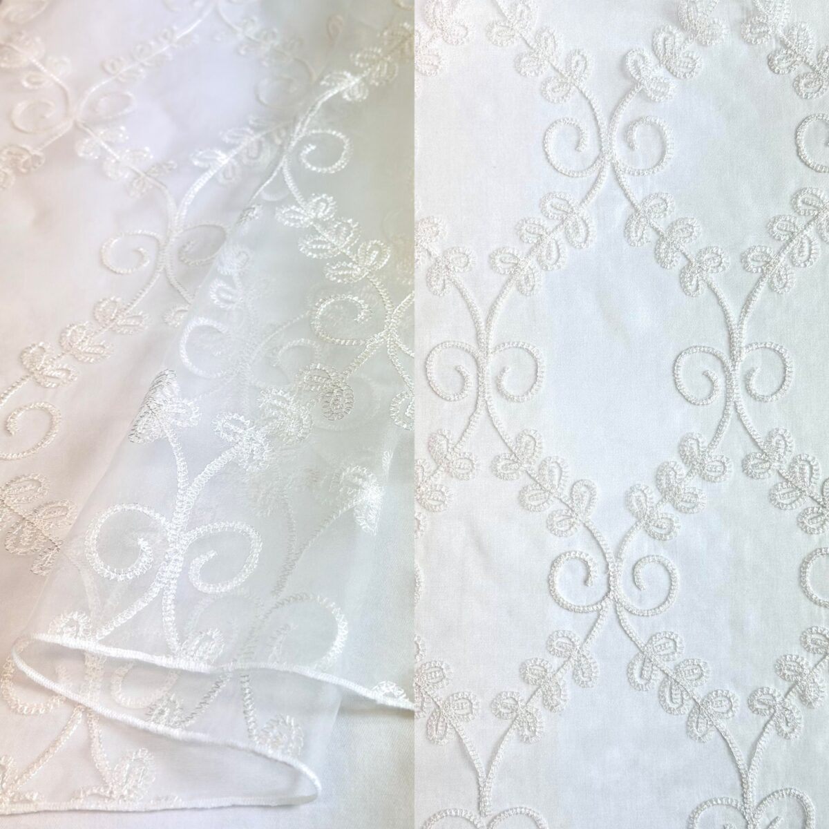 White sheer embroidered tablecloth and runner.