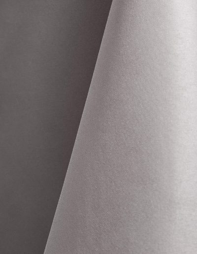 Light gray polyester tablecloth, runner, sash, and dinner napkin.