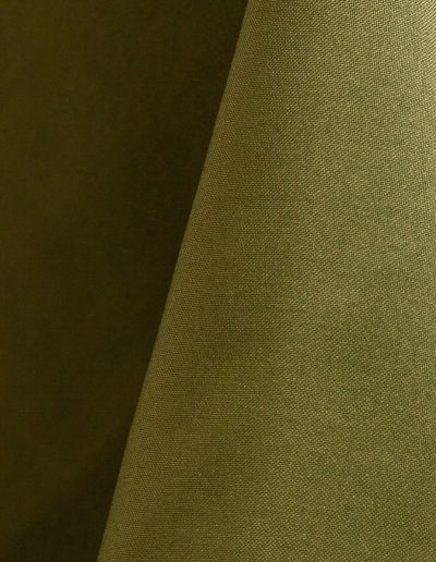 Sage green polyester tablecloth, runner, sash, and dinner napkin.