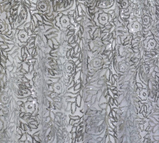 Silver sequin leaf print sheer tablecloth and runner.